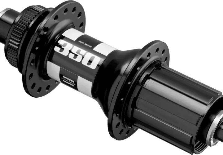 A black DT 350 hub with white stripes and "350 SWISS DESIGN" branding. It features a ratchet system for smooth engagement.
