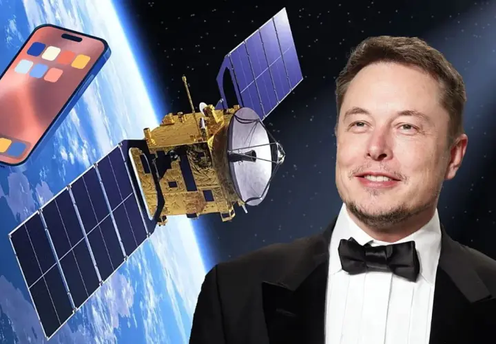 Elon Musk w garniturze i muszce obok satelity Starlink i telefonu z ikonami aplikacji, symbolizujące przyszłość komunikacji.