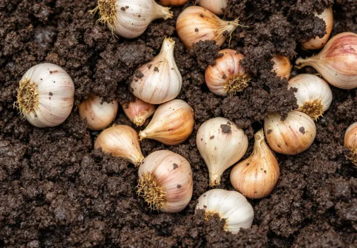 Des gousses d'ail prêtes à planter dans la terre sombre. L'ail est une plante aromatique facile à cultiver.