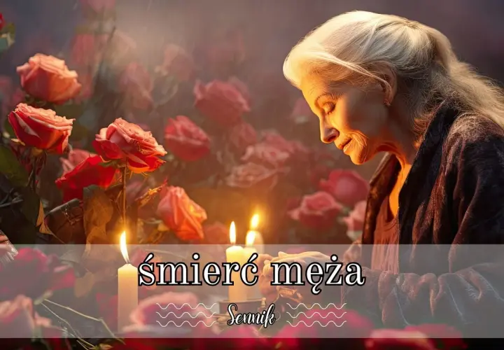 Sennik: śmierć męża. Starsza kobieta w zadumie, otoczona różami i płonącymi świecami, symbol żałoby i wspomnień.