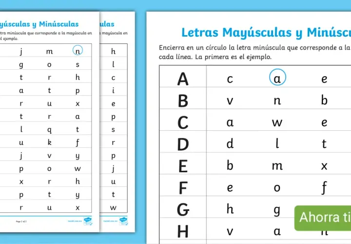Tablas para practicar la correspondencia entre letras mayúsculas y minúsculas. La letra "y" minúscula aparece en la tabla.