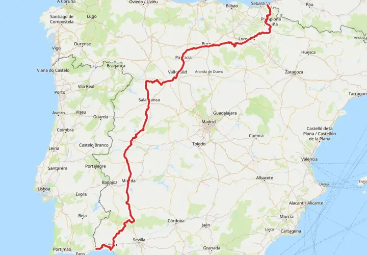 Ruta EuroVelo 1 en rojo, recorriendo Portugal y España, desde el sur de Portugal hasta el norte de España, pasando por Lisboa, Salamanca y Pamplona.