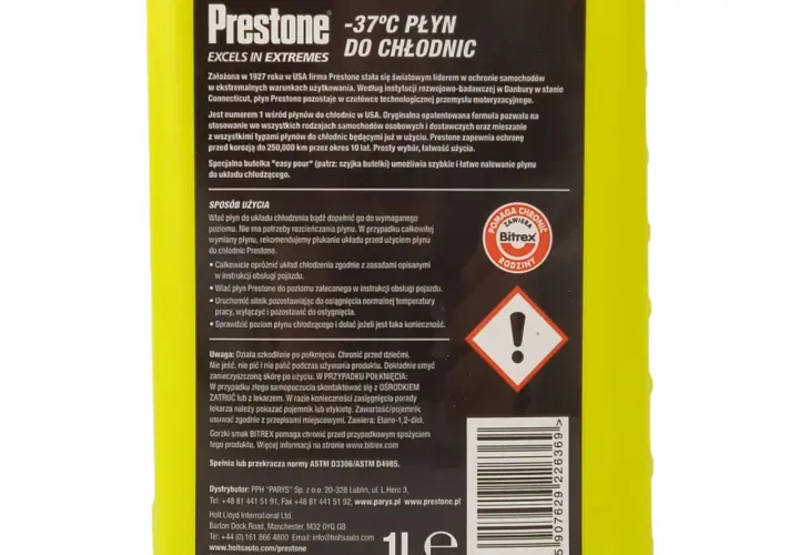 Prestone -37°C płyn do chłodnic, chroniący silnik w ekstremalnych warunkach. Idealny do wspomagania układu chłodzenia.