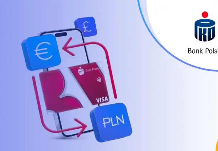 Chcesz wiedzieć, jak założyć konto walutowe w PKO? Grafika pokazuje telefon z kartą PKO i symbolami walut (EUR, GBP, PLN), sugerując łatwe zarządzanie finansami.