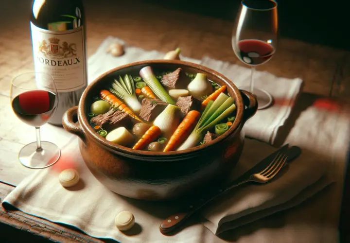 Un pot au feu de bœuf mijote, prêt à être dégusté avec un verre de vin rouge. Carottes, poireaux et oignons se mêlent à la viande dans ce plat réconfortant.