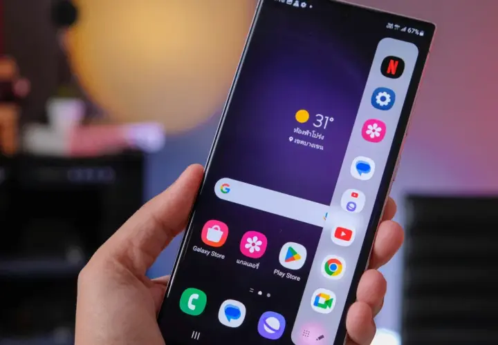 Dłoń trzyma smartfon Samsung S20 FE. Ekran pokazuje ikonki aplikacji i pogodę. Bateria szybko się rozładowuje, co widać po wskaźniku 67%.