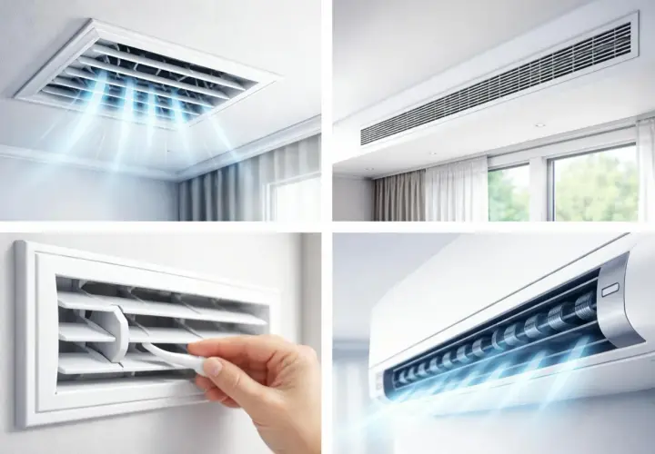 Explora diversos tipos de rejillas para aire acondicionado por conductos: cuadradas en techo, lineales, ajustables y de unidad interior.