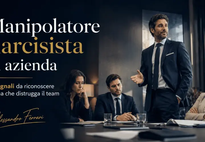 Uomo d'affari carismatico, un narcisista manipolatore, parla a un team demoralizzato. 7 segnali da riconoscere.