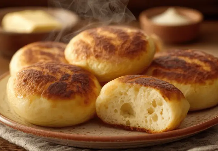 Dampfnudle moelleux et dorés, un délice de la recette traditionnelle. Vapeur s'échappant d'une assiette, avec du beurre et de la crème en arrière-plan.