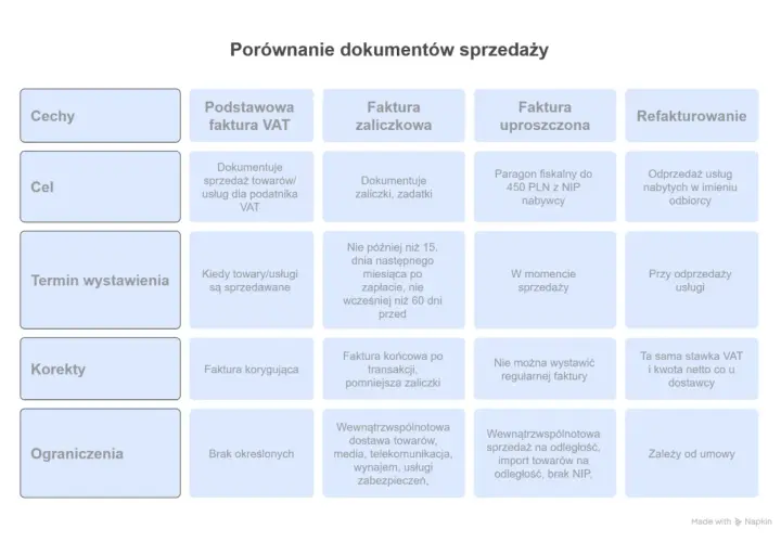 Porównanie dokumentów sprzedaży: czy osoba fizyczna może wystawić fakturę? Tabela wyjaśnia cel, termin wystawienia, korekty i ograniczenia dla faktury VAT, zaliczkowej, uproszczonej i refakturowania.