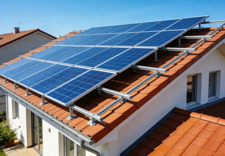 Panele słoneczne na dachu domu, zapewniające energię off grid.