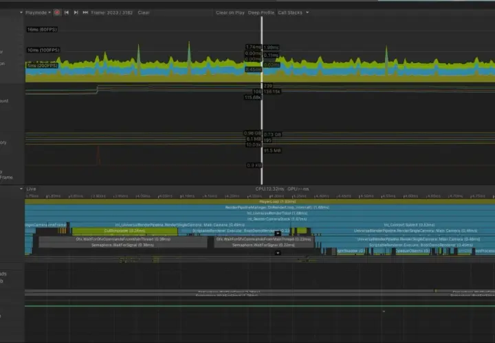 Analyse de performance dans l'application Unity, montrant l'utilisation du CPU et du GPU.