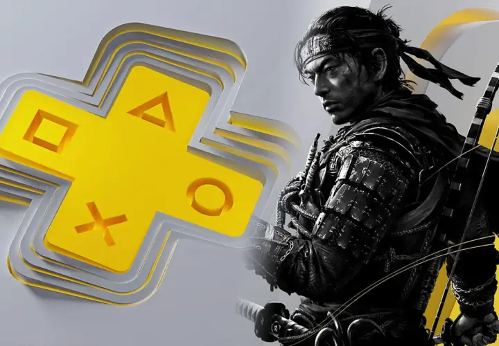 Samuraj z łukiem obok żółtego logo PlayStation Plus Premium.