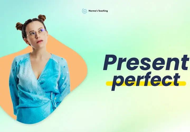 Ragazza pensierosa con i capelli raccolti in due chignon, indossa un abito blu. Testo "Present perfect" in evidenza.