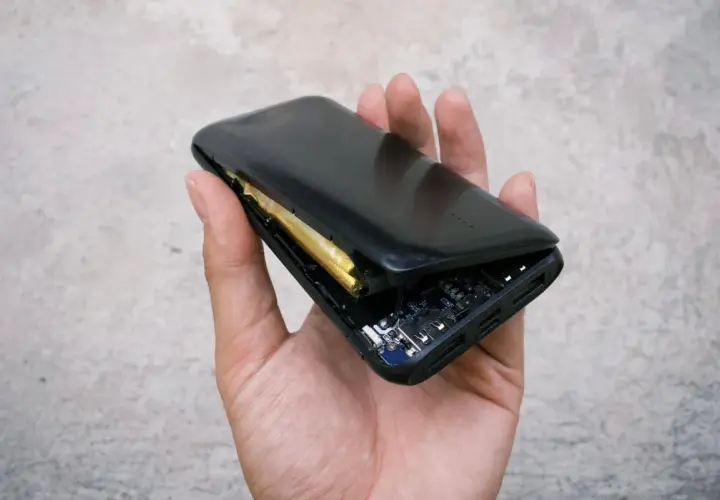 Dłoń trzyma rozdarty powerbank, z którego wystaje spuchnięta bateria. Widać płytkę drukowaną i złącza.