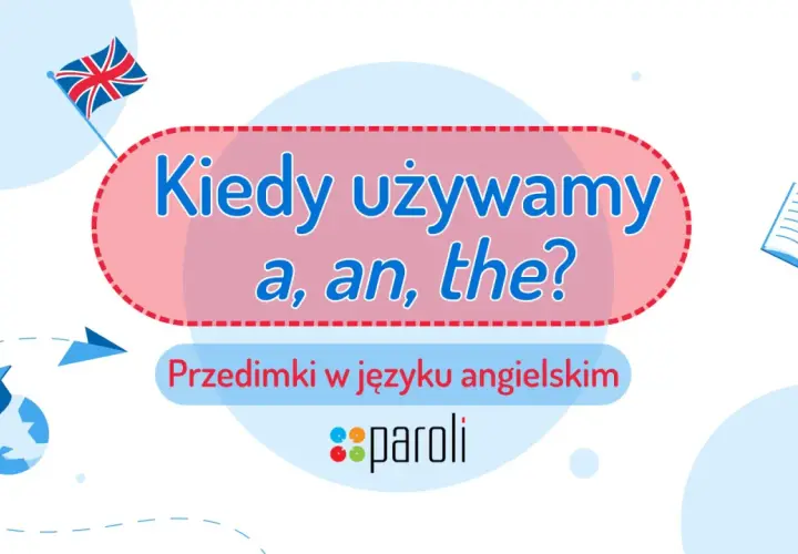 Kiedy używamy a, an, the? Przedimki w języku angielskim. Brytyjska flaga, globus z czapką, książka z ołówkiem.