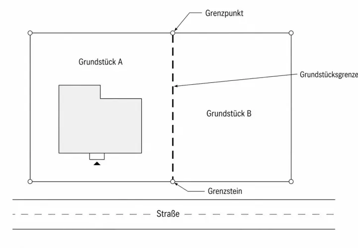 Schema zur Bestimmung von **Grenzpunkten** und Grundstücksgrenzen. Grundstück A mit Haus und Grundstück B sind durch eine gestrichelte Linie getrennt.