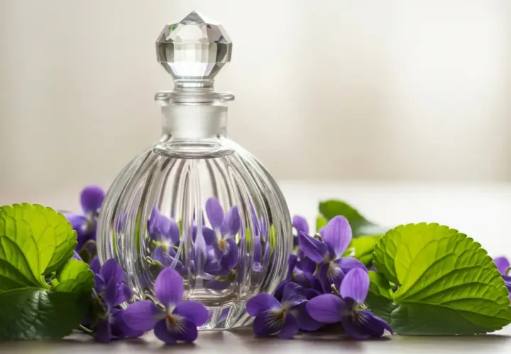 Szklana buteleczka perfum otoczona intensywną fiołką.