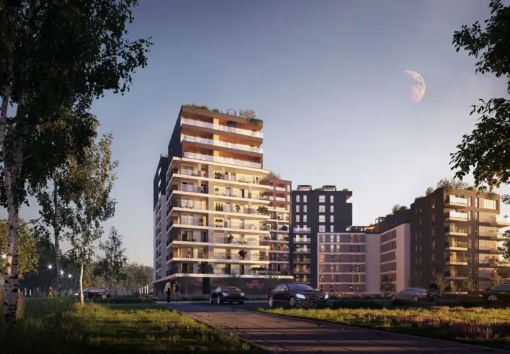 Nowy Czechów: nowoczesne apartamentowce z tarasami i zielenią, z księżycem na niebie.