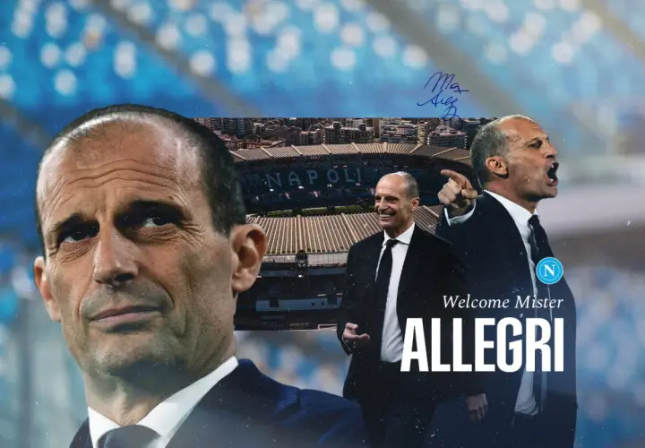 Max Allegri, nowy trener Napoli, w garniturze na tle stadionu.
