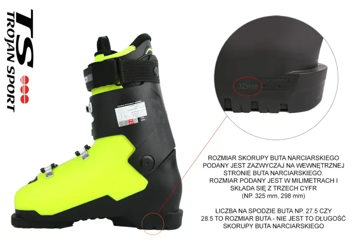 Jak dobrać rozmiar butów narciarskich? Na skorupie buta narciarskiego znajdziesz rozmiar w milimetrach, np. 325 mm.