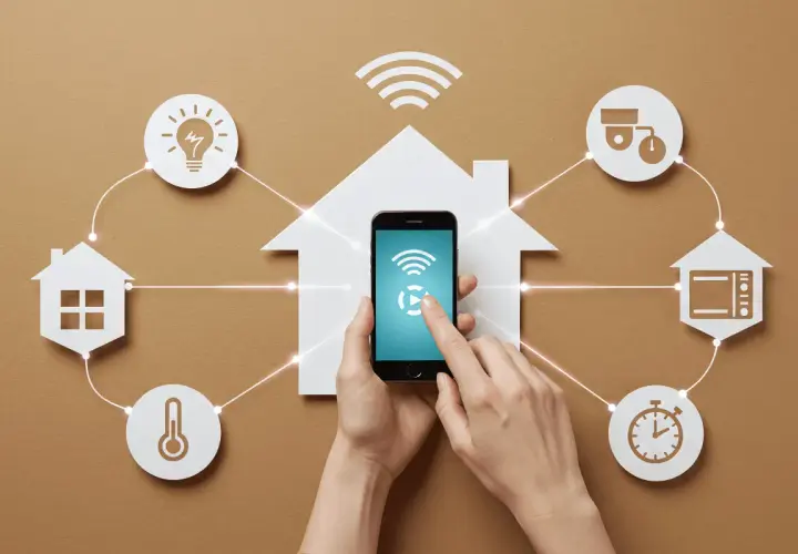 Mano controla un smartphone que gestiona un hogar inteligente. Cada dispositivo, como la luz o el microondas, es un actuador que responde a comandos.
