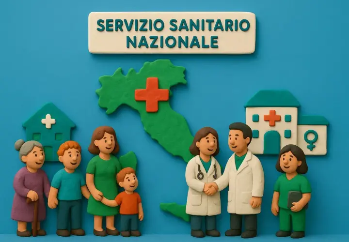 Famiglia e medici si stringono la mano davanti a ospedali e alla mappa d'Italia, simbolo del sistema sanitario nazionale.
