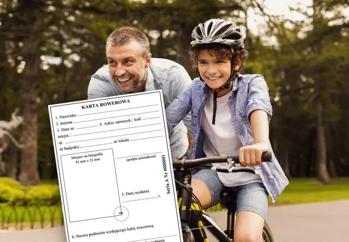 Karta rowerowa jak wygląda: formularz z danymi, obok uśmiechnięty ojciec i syn na rowerach.