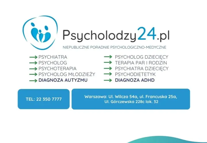 Logo i lista usług poradni psychologiczno-medycznej Psycholodzy24.pl w Warszawie.