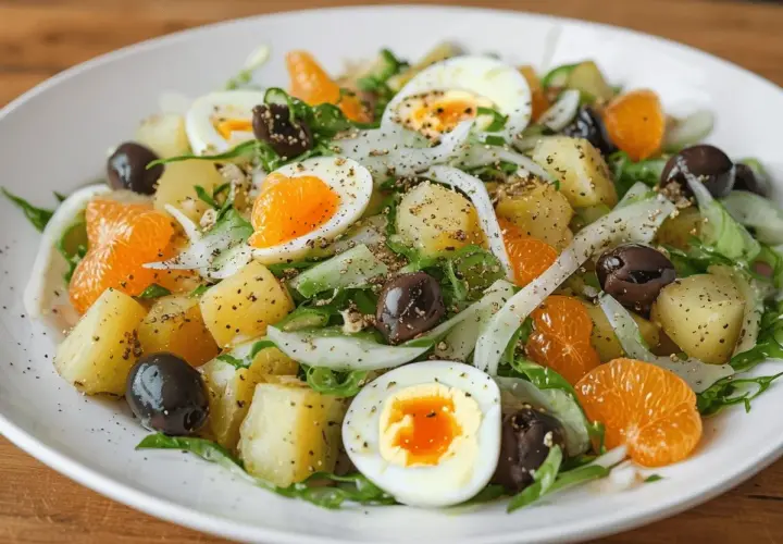 Ensalada malagueña con patatas, huevo duro, aceitunas, mandarina y hinojo. Un plato fresco y lleno de sabor.