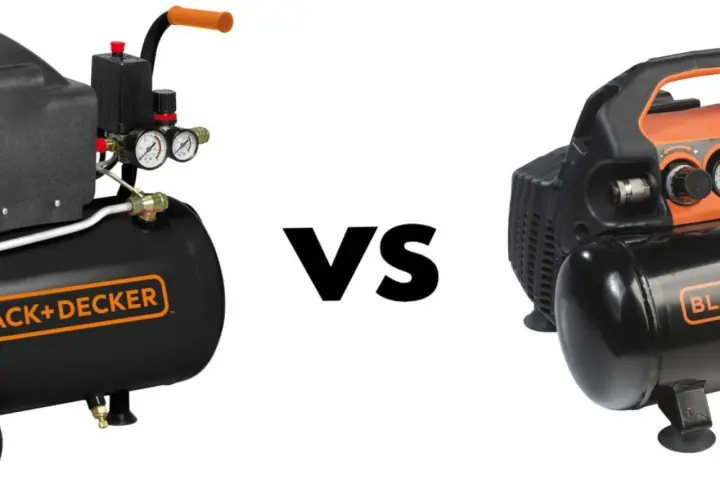 Porównanie: kompresor olejowy czy bezolejowy? Dwa kompresory Black+Decker, jeden z widocznym olejem, drugi bez.