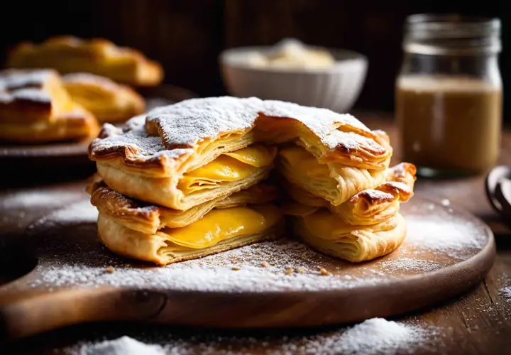 Délicieux millefeuilles à la crème, leur pâte feuilletée dorée saupoudrée de sucre glace.