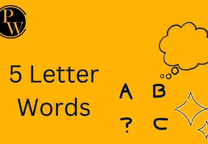 Immagine con sfondo giallo e testo "5 Letter Words". Lettere A, B, C e un punto interrogativo sparsi, con una nuvoletta e stelle.
