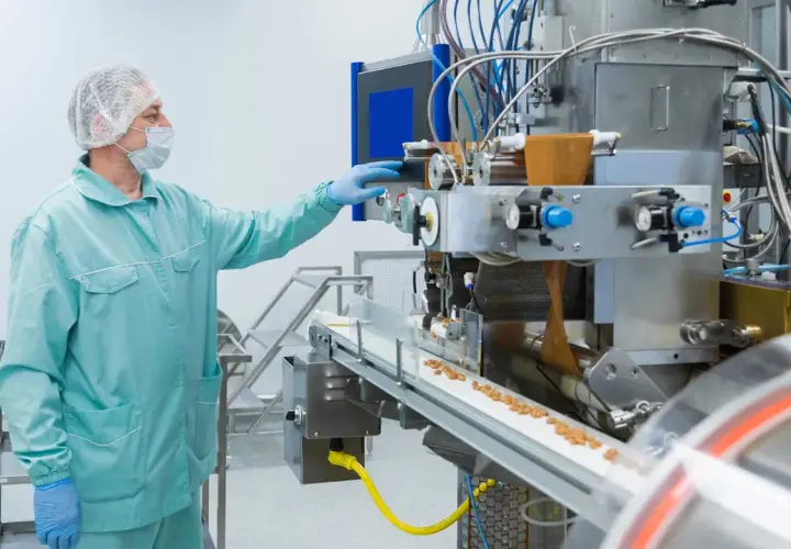Trabajador en sala blanca, con mascarilla y gorro, supervisa máquina de producción. El asepsia significado se refleja en el control de calidad.