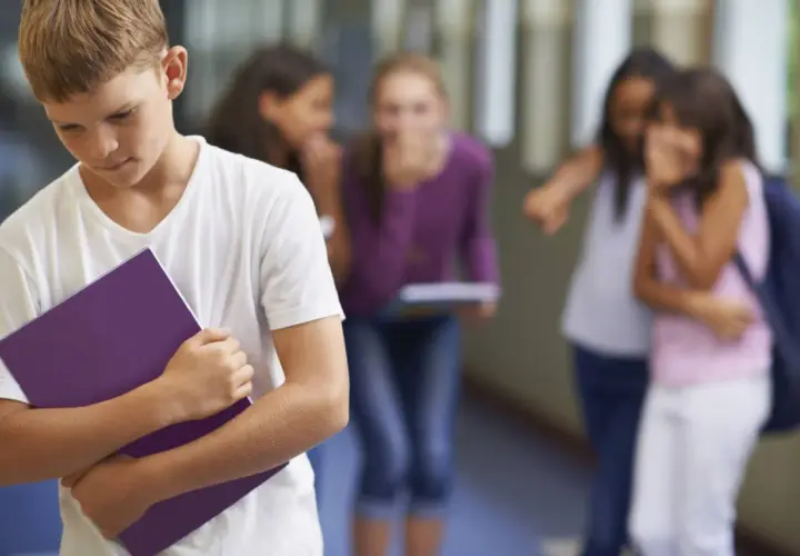 Ragazzo solo con quaderno viola, mentre altri bambini ridono e indicano. Sembra avere problemi con maestre elementari.