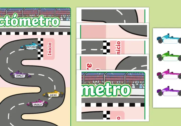 Un lectómetro para imprimir con coches de carreras. Los niños avanzan en la pista según su progreso lector.