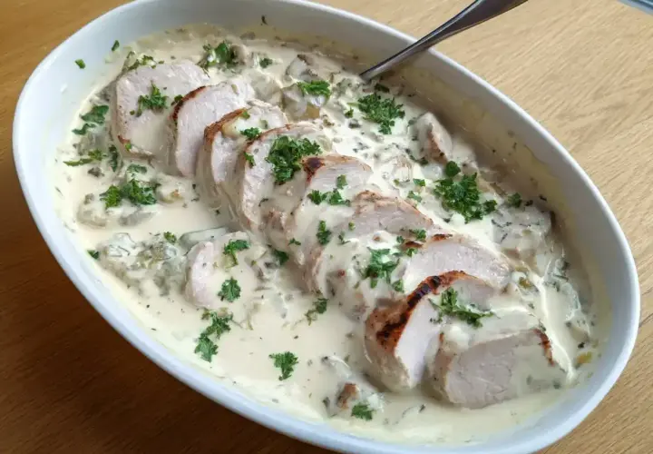 Skivad ytterfile i ugn, serverad i en krämig svampsås med färsk persilja. En riktig klassiker!