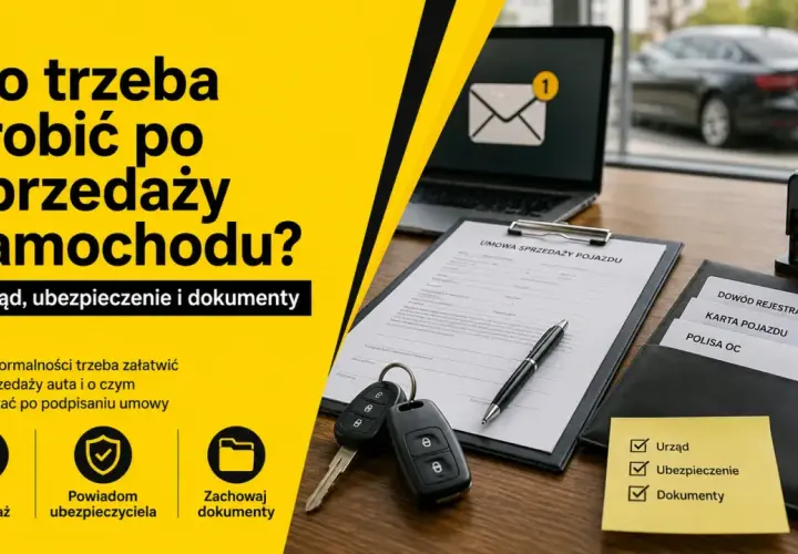 Jak sprzedać auto? Na stole umowa, kluczyki, dokumenty: dowód rejestracyjny, karta pojazdu, polisa OC. W tle czarny samochód.
