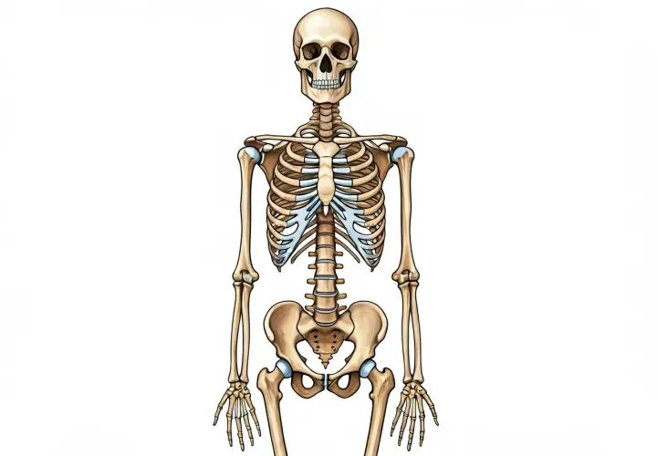 Scheletro umano completo, con cranio, costole, bacino e arti. Per sapere come si dice scheletro in inglese, si usa "skeleton".