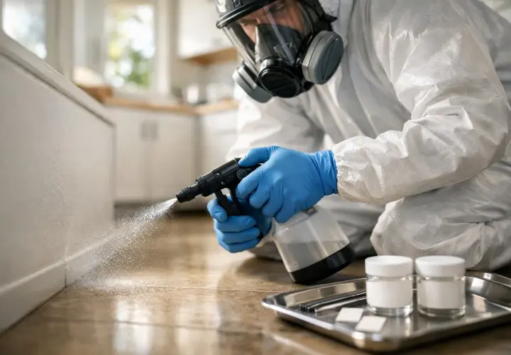 Person i skyddsdräkt och gasmask sprayar vid golvlisten. Kanske för att behandla asbest lim.