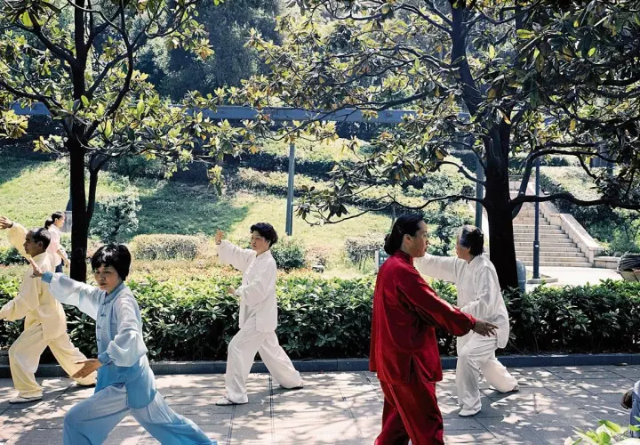 Ludzie ćwiczą tai chi w parku. To spokojna sztuka walki, która poprawia równowagę i koordynację.