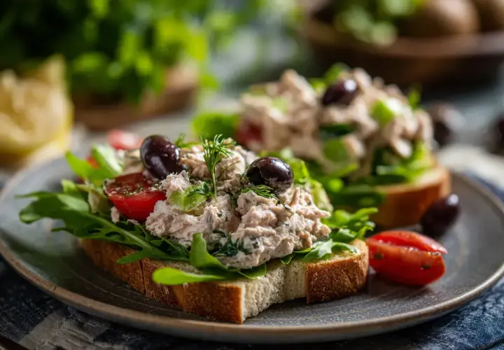 Två öppna smörgåsar med tonfisksallad, ruccola, körsbärstomater och oliver. En läcker och fräsch tonfisksallad.