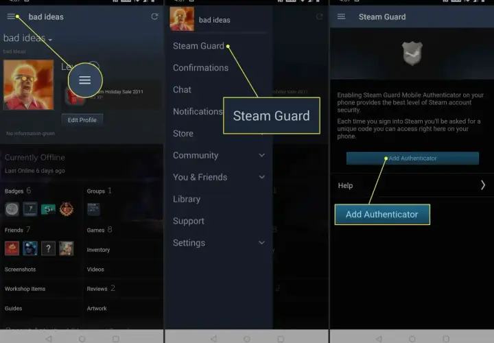 Gdzie zmienić hasło na Steam? Kliknij menu, wybierz Steam Guard, a następnie dodaj Authenticator.
