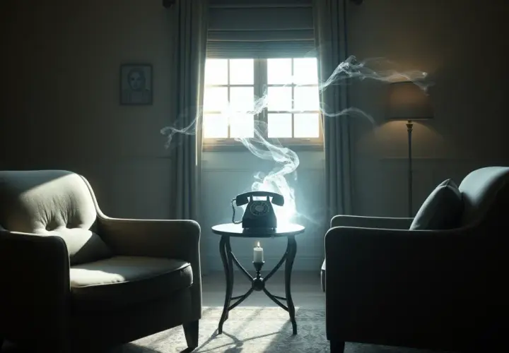 Sennik kłótnia z teściową: dymiący telefon na stoliku między fotelami, symbolizujący napiętą rozmowę.