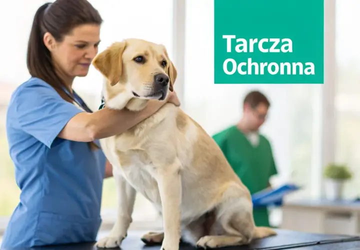 Weterynarz bada labradora, przygotowując go do szczepienia szczeniaka. Tarcza Ochronna zapewnia bezpieczeństwo.