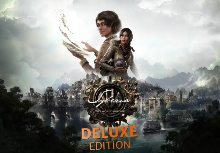 Dwie kobiety na tle parowego miasta i gór. W tle logo gry Syberia: The World Before Deluxe Edition.