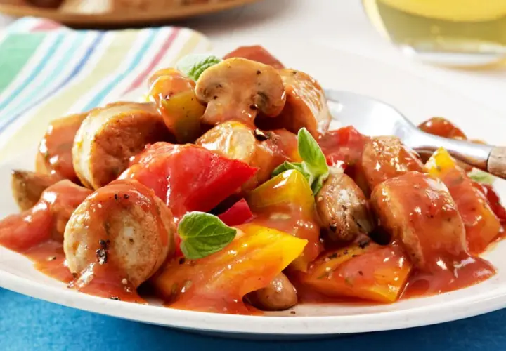 Herzhaftes Wurstgulasch mit Bratwurst, Tomaten und Pilzen, garniert mit frischen Kräutern. Ein deftiges Gericht für Genießer.