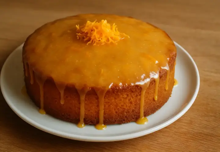 Un délicieux cake à l'orange, nappé d'un glaçage brillant et garni de zestes d'orange confits. Un vrai délice !
