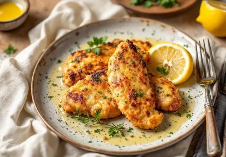 Trois aiguillettes de poulet dorées et savoureuses, nappées d'une sauce légère et garnies de persil frais et d'une tranche de citron.
