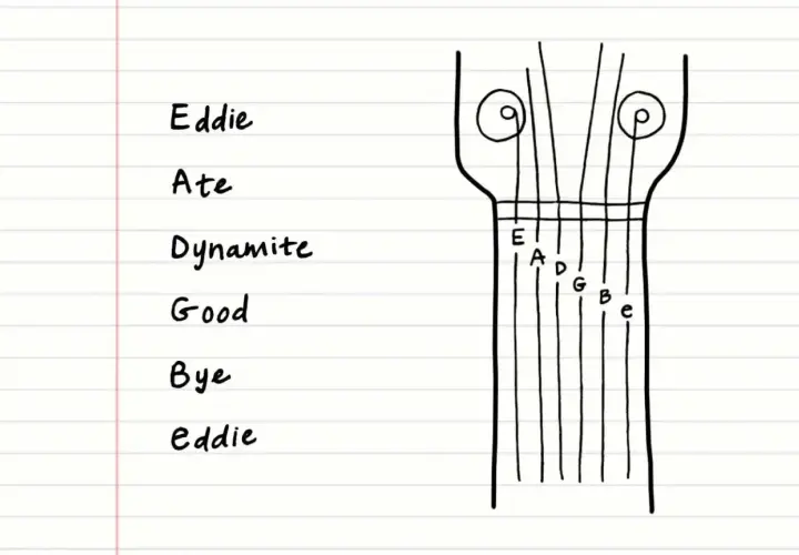 Eddie Ate Dynamite Good Bye Eddie - schemat układu strun w gitarze, od E do e.